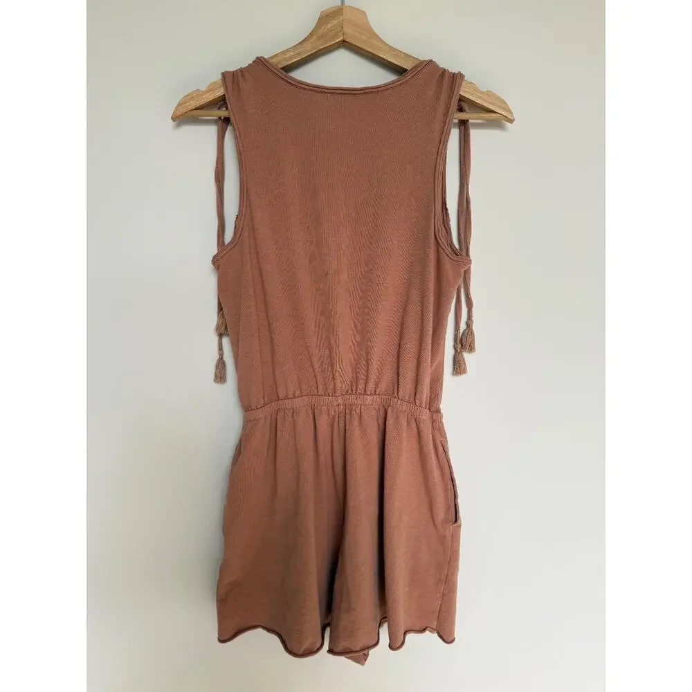 Aerie Womens S Romper Terracotta Tie Shoulder Tassel Boho Cotton Jersey Vacation